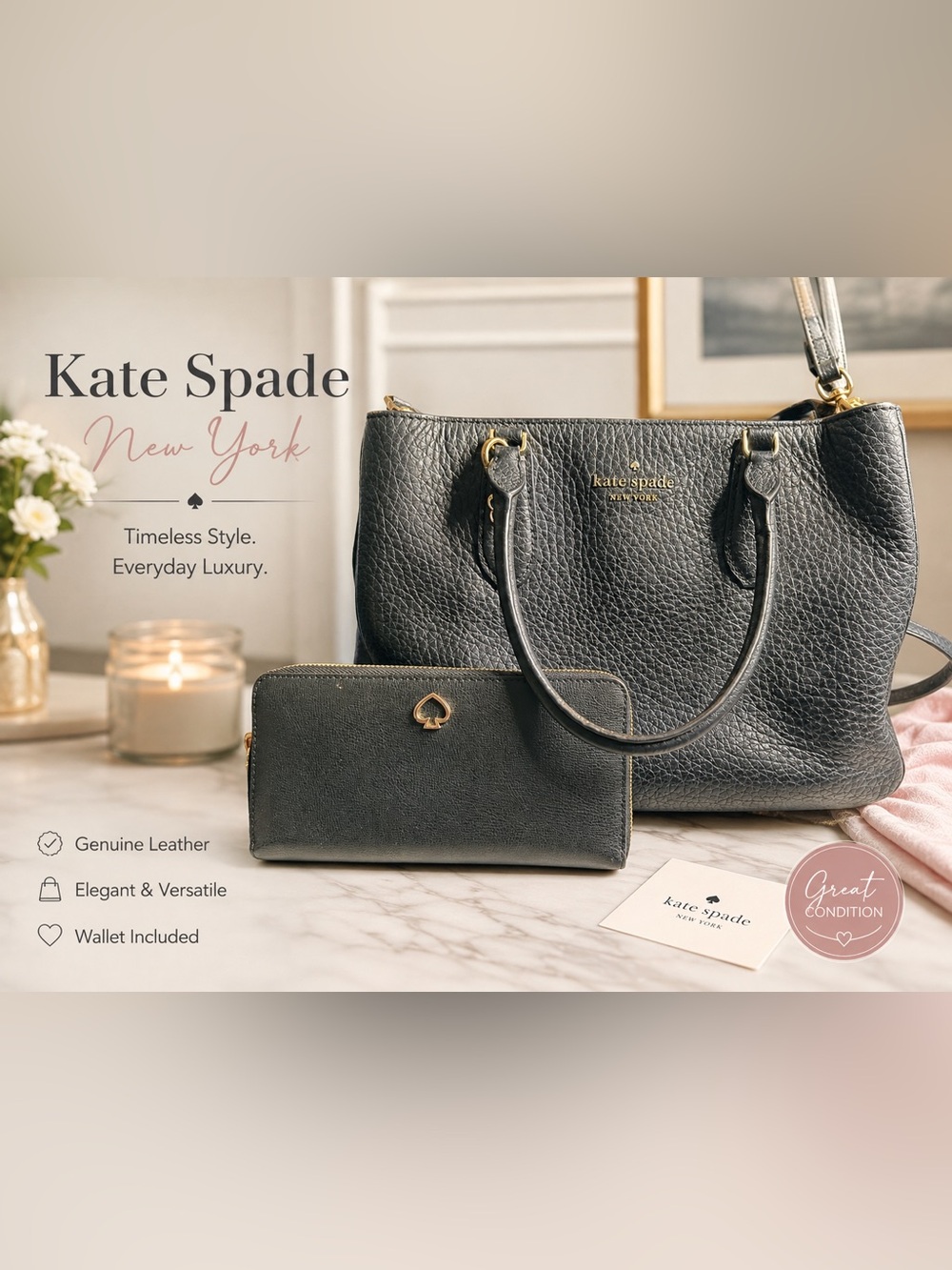 Kate Spade New York Black Pebbled Leather Tote + Matching Wallet Set